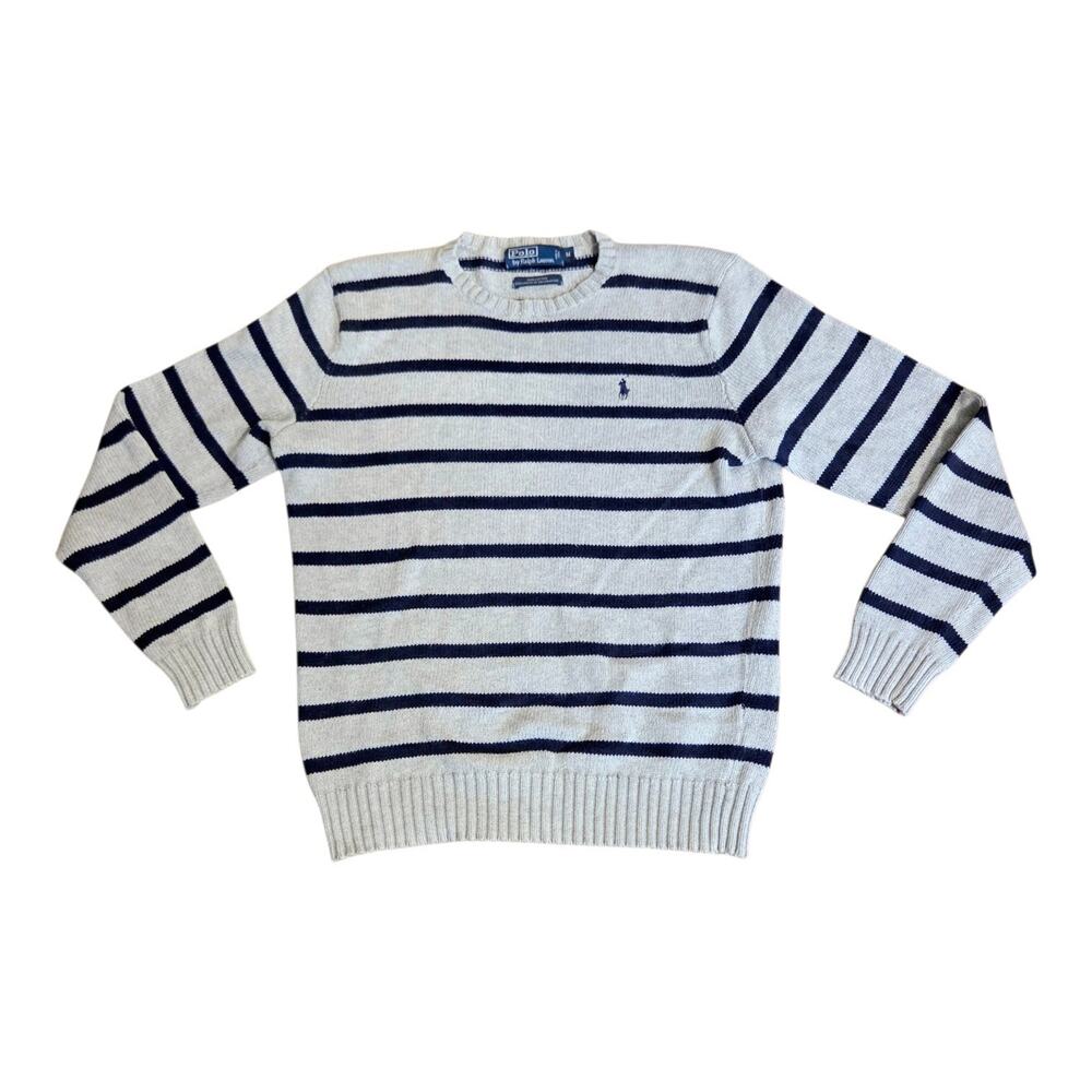 Polo Ralph Lauren Mens M Gray Navy Blue Striped Cotton Knit Crewneck Sweater
